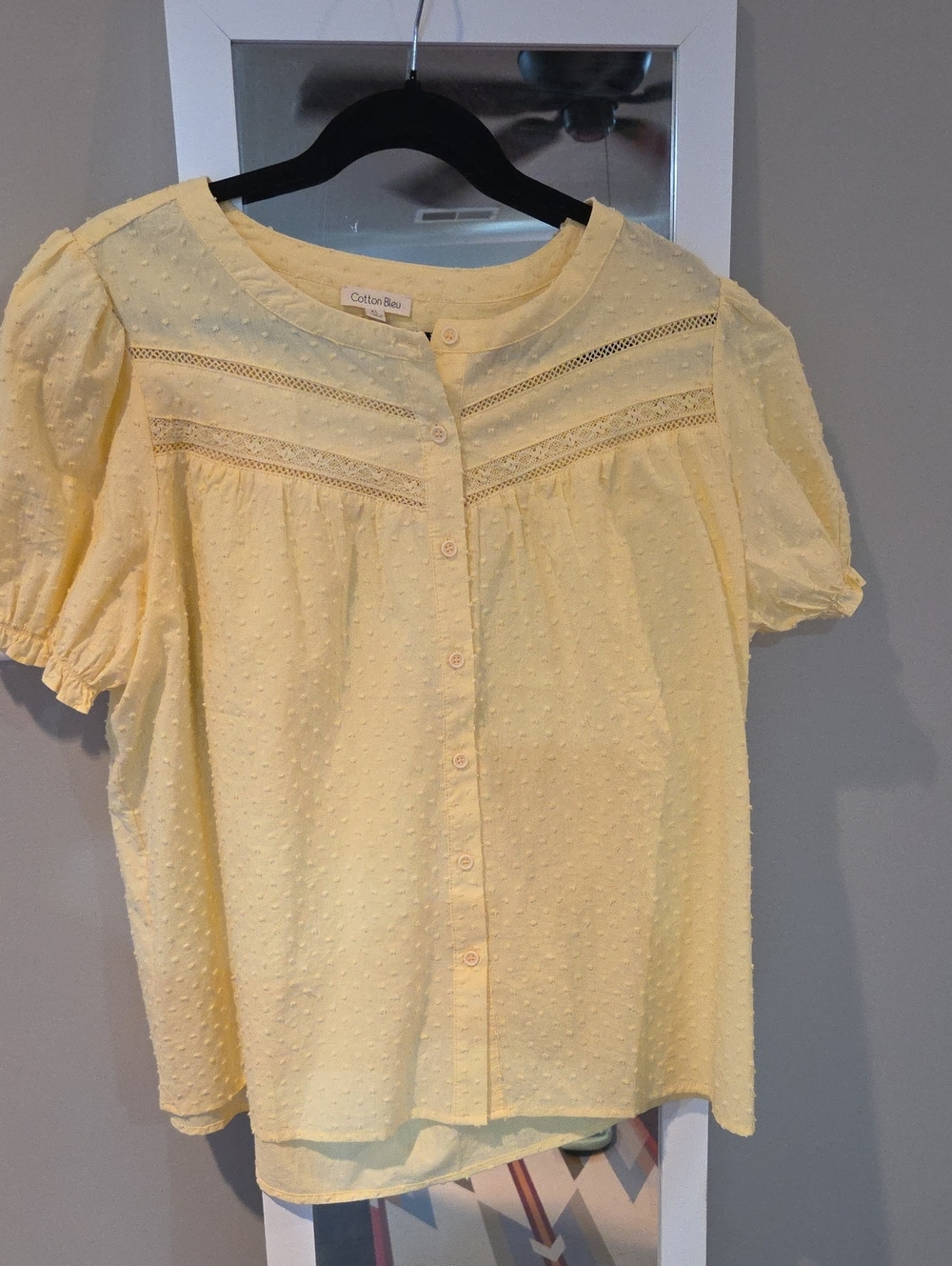 Cotton Bleu Pale Yellow Swiss Dot Button-Front Blouse